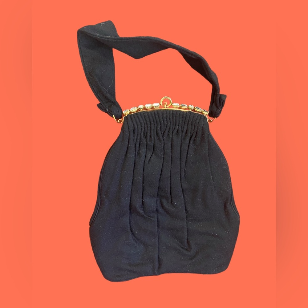Vintage 50s Guild Creations black Wool Rhinstone Embellished Evening Purse cluch